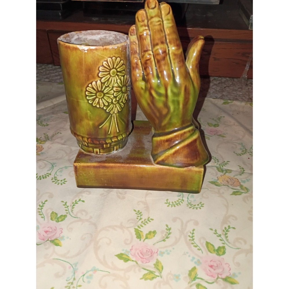 Vintage Praying Hands Ceramic/Plaster Planter Green And Brown Glaze
